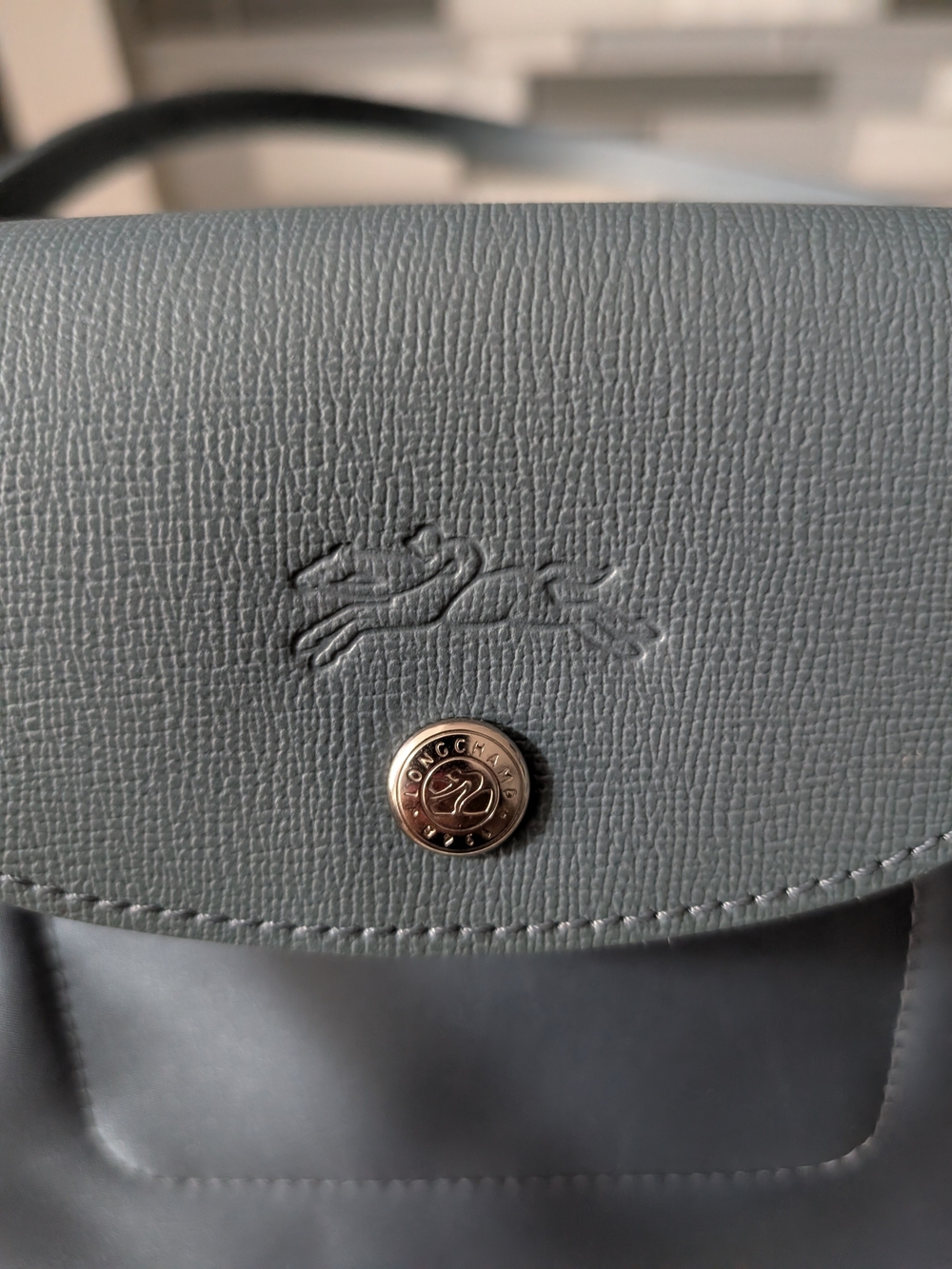 Longchamp Gray Pebbled Leather Satchel with Gold Button